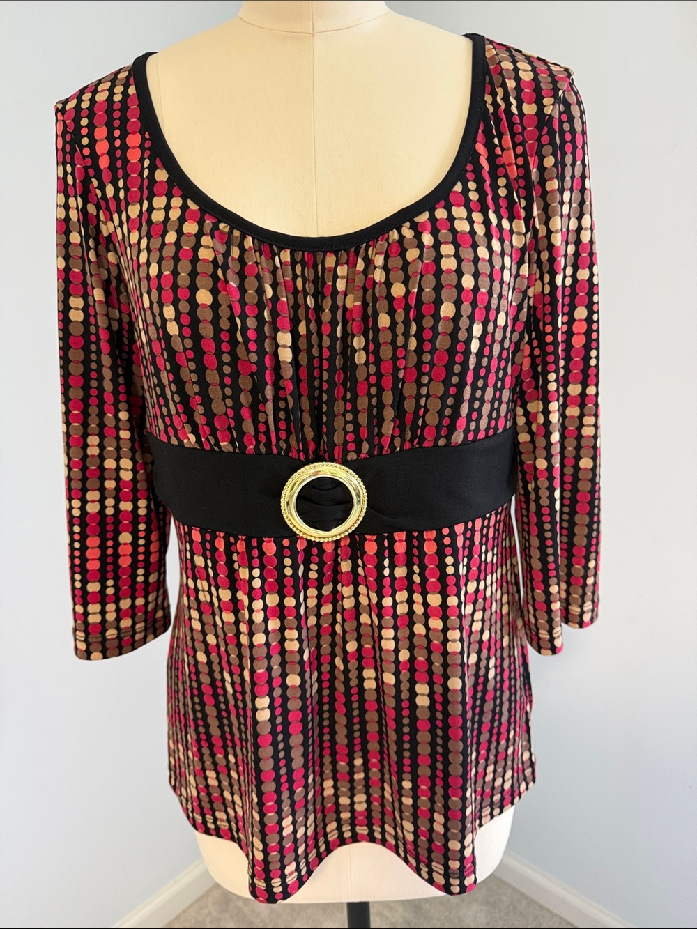 AB Studio Women’s Scoop Neck Dot Print Mock Belted Top in Pink and Brown SZL